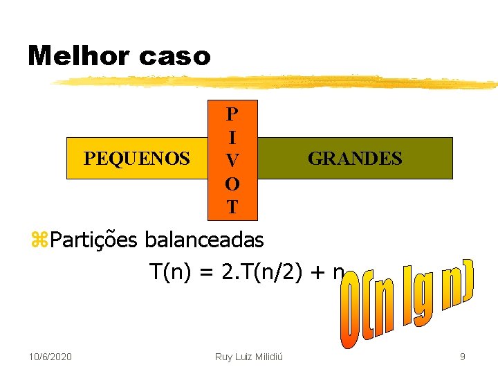 Melhor caso PEQUENOS P I V O T GRANDES z. Partições balanceadas T(n) =