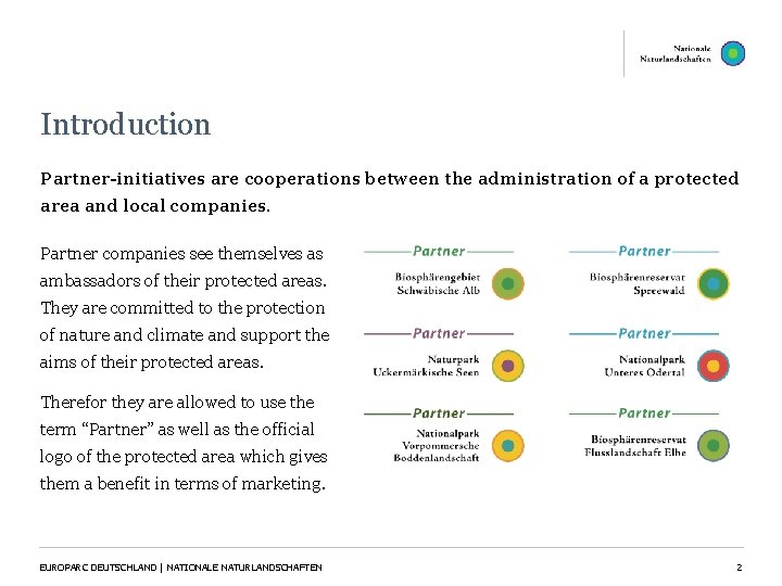 Introduction Partner-initiatives are cooperations between the administration of a protected area and local companies. Introduction Partner-initiatives are cooperations between the administration of a protected area and local companies.