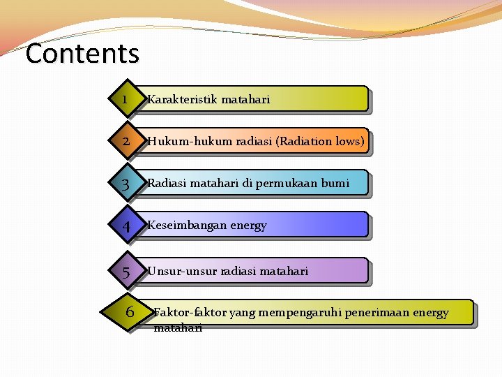 Contents 1 Karakteristik matahari 2 Hukum-hukum radiasi (Radiation lows) 3 Radiasi matahari di permukaan
