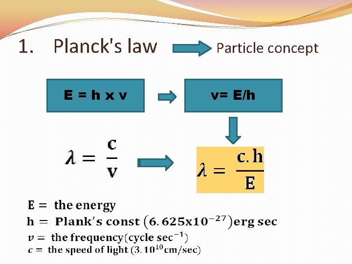 1. Planck's law E=hxv Particle concept v= E/h 