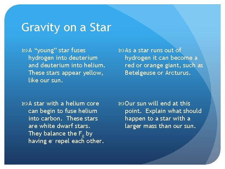 Gravity on a Star A “young” star fuses hydrogen into deuterium and deuterium into