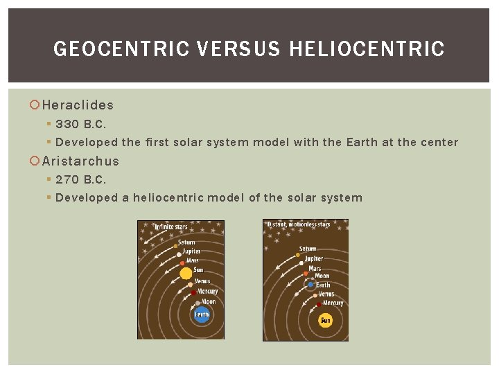 GEOCENTRIC VERSUS HELIOCENTRIC Heraclides § 330 B. C. § Developed the first solar system