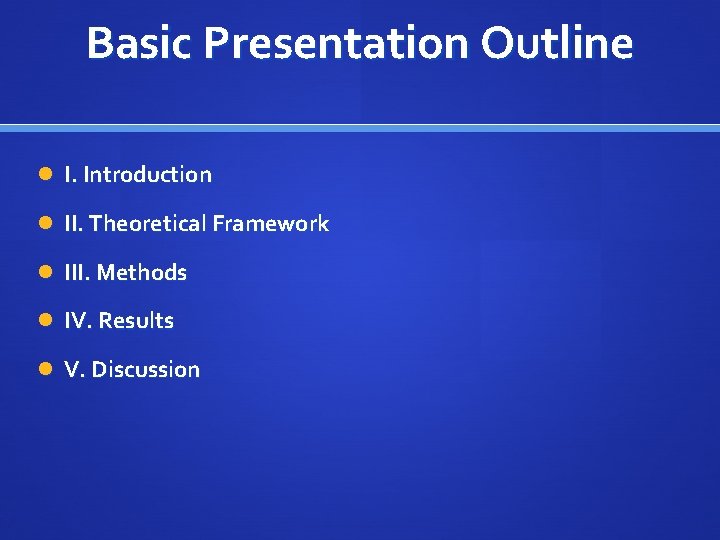 Basic Presentation Outline I. Introduction II. Theoretical Framework III. Methods IV. Results V. Discussion