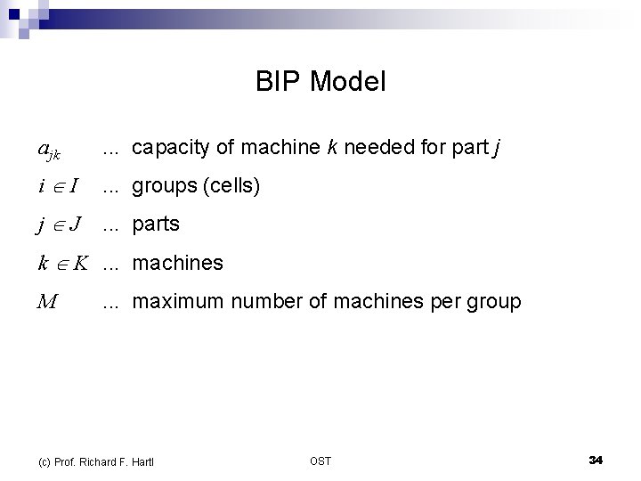BIP Model ajk . . . capacity of machine k needed for part j