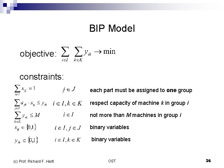 BIP Model objective: constraints: each part must be assigned to one group respect capacity