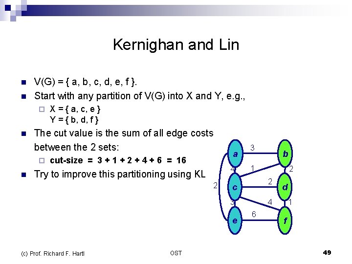 Kernighan and Lin n n V(G) = { a, b, c, d, e, f
