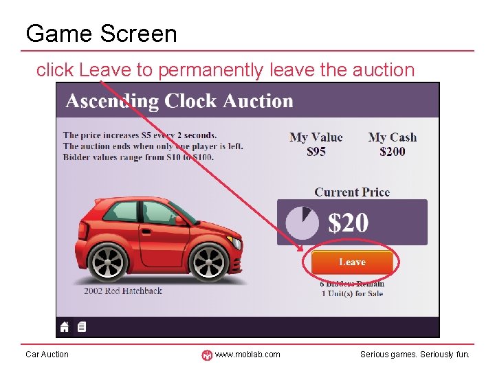 Game Screen click Leave to permanently leave the auction Car Auction www. moblab. com