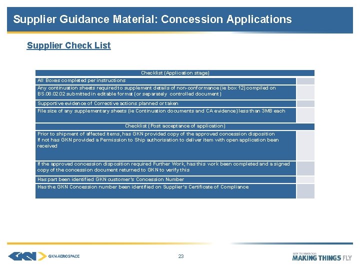 Supplier Guidance Material: Concession Applications Supplier Check List Checklist (Application stage) All Boxes completed