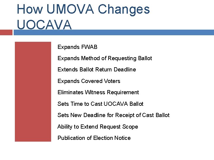 How UMOVA Changes UOCAVA Expands FWAB Expands Method of Requesting Ballot Extends Ballot Return