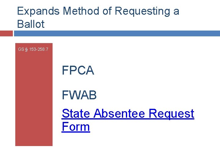 Expands Method of Requesting a Ballot GS § 153 -258. 7 FPCA FWAB State
