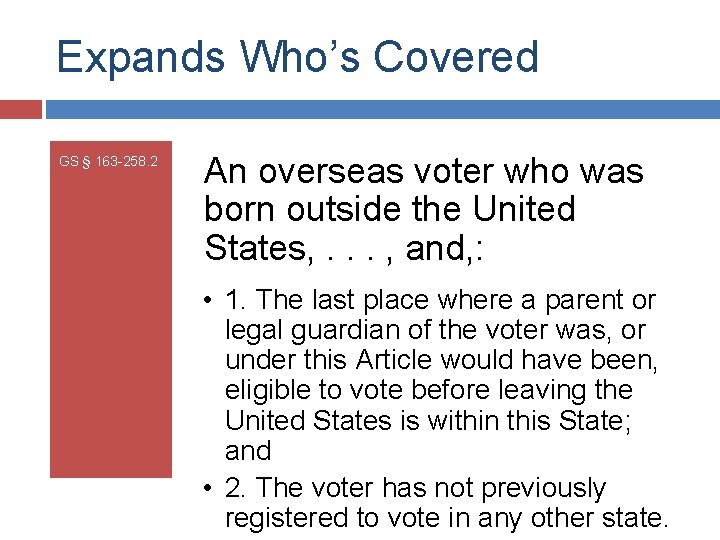 Expands Who’s Covered GS § 163 -258. 2 An overseas voter who was born