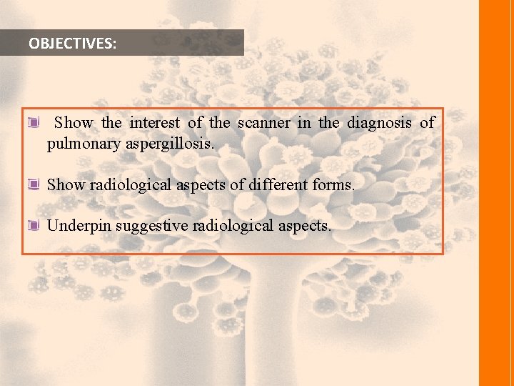  OBJECTIVES: Show the interest of the scanner in the diagnosis of pulmonary aspergillosis.