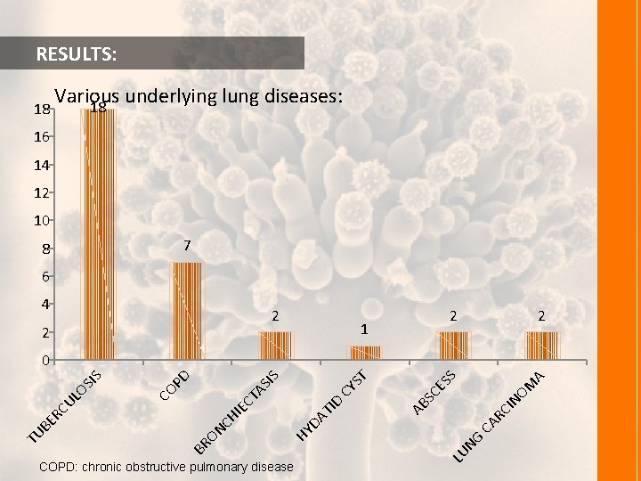  RESULTS: 18 Various underlying lung diseases: 18 16 14 12 10 7 8