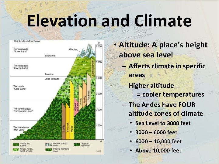 Elevation and Climate • Altitude: A place’s height above sea level – Affects climate