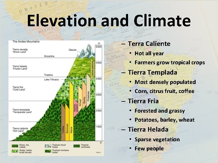 Elevation and Climate – Terra Caliente • Hot all year • Farmers grow tropical