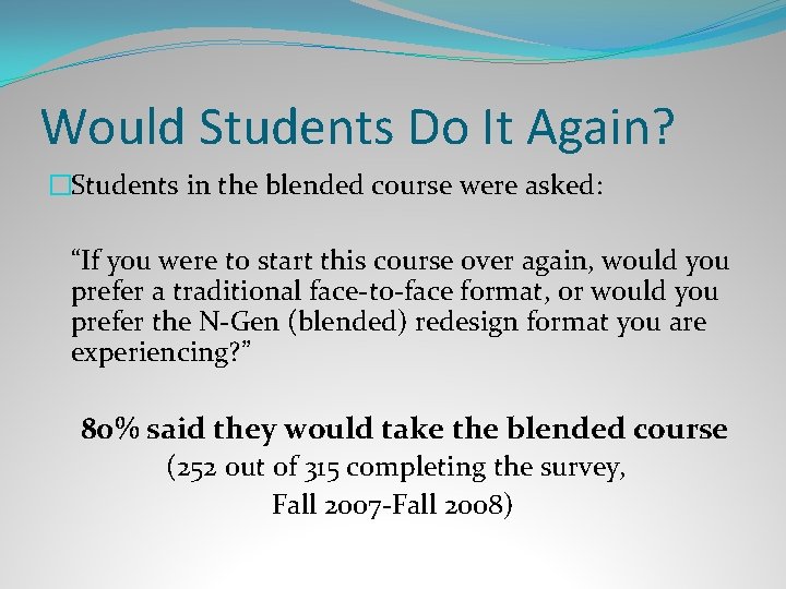 Would Students Do It Again? �Students in the blended course were asked: “If you