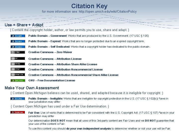 Citation Key for more information see: http: //open. umich. edu/wiki/Citation. Policy Use + Share