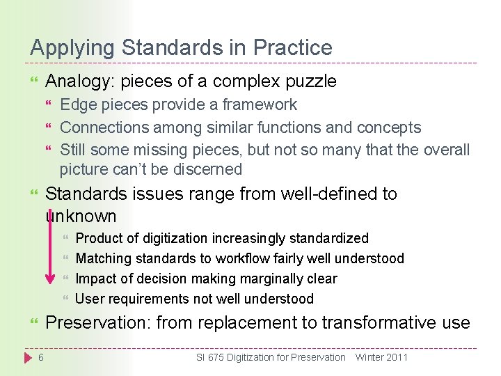 Applying Standards in Practice Analogy: pieces of a complex puzzle Edge pieces provide a