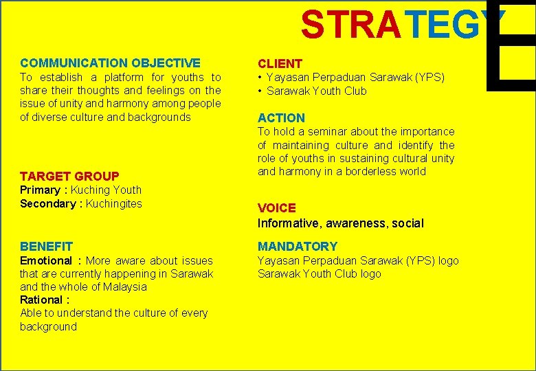 E STRATEGY COMMUNICATION OBJECTIVE CLIENT To establish a platform for youths to share their