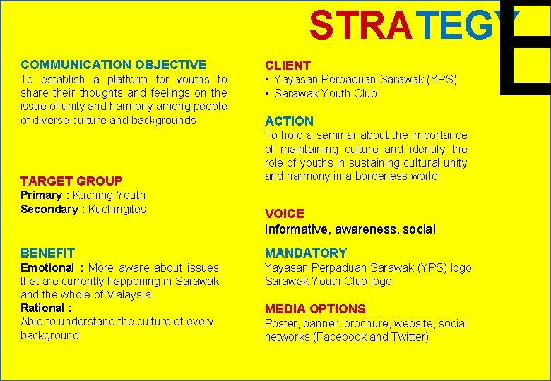 E STRATEGY COMMUNICATION OBJECTIVE CLIENT To establish a platform for youths to share their