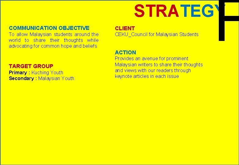 F STRATEGY COMMUNICATION OBJECTIVE CLIENT To allow Malaysian students around the world to share