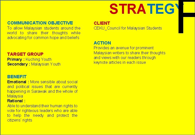 F STRATEGY COMMUNICATION OBJECTIVE CLIENT To allow Malaysian students around the world to share