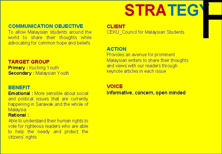 F STRATEGY COMMUNICATION OBJECTIVE CLIENT To allow Malaysian students around the world to share