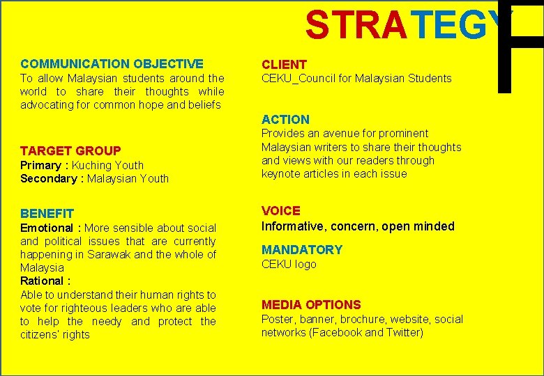 F STRATEGY COMMUNICATION OBJECTIVE CLIENT To allow Malaysian students around the world to share