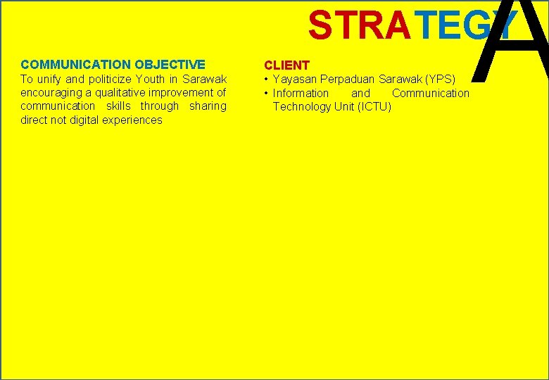 A STRATEGY COMMUNICATION OBJECTIVE CLIENT To unify and politicize Youth in Sarawak encouraging a