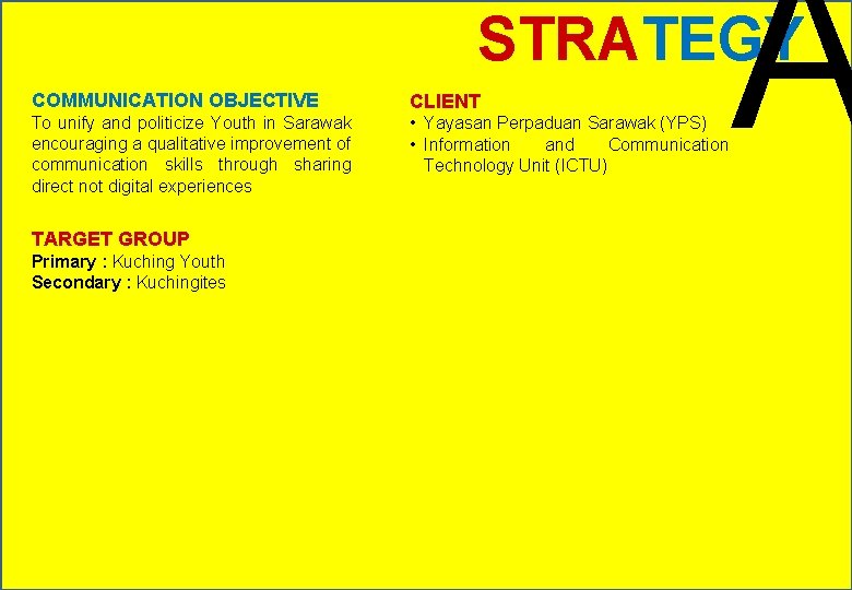 A STRATEGY COMMUNICATION OBJECTIVE CLIENT To unify and politicize Youth in Sarawak encouraging a