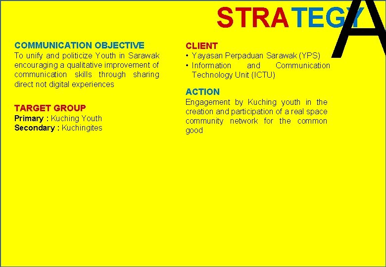 A STRATEGY COMMUNICATION OBJECTIVE CLIENT To unify and politicize Youth in Sarawak encouraging a