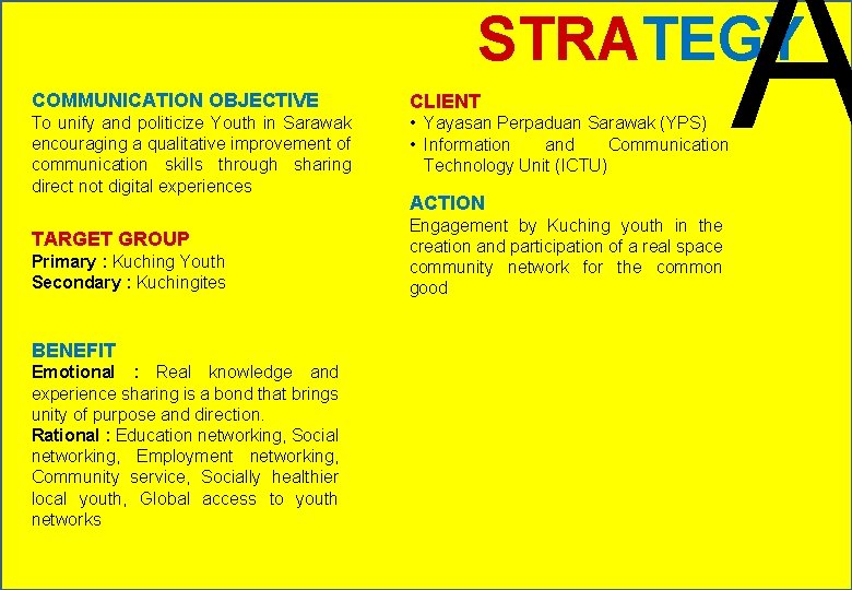 A STRATEGY COMMUNICATION OBJECTIVE CLIENT To unify and politicize Youth in Sarawak encouraging a