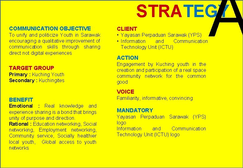 A STRATEGY COMMUNICATION OBJECTIVE CLIENT To unify and politicize Youth in Sarawak encouraging a