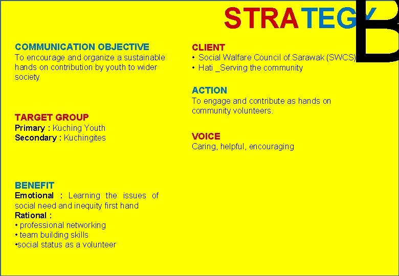 B STRATEGY COMMUNICATION OBJECTIVE CLIENT To encourage and organize a sustainable hands on contribution