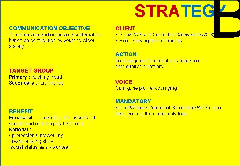 B STRATEGY COMMUNICATION OBJECTIVE CLIENT To encourage and organize a sustainable hands on contribution