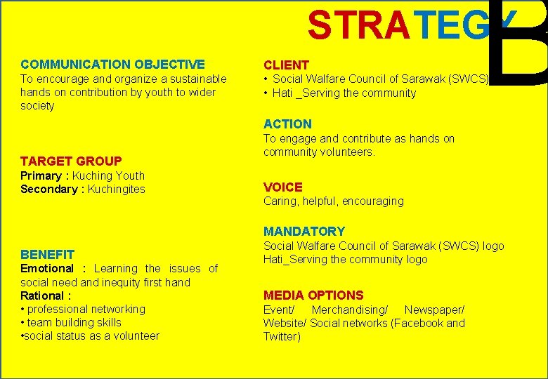 B STRATEGY COMMUNICATION OBJECTIVE CLIENT To encourage and organize a sustainable hands on contribution