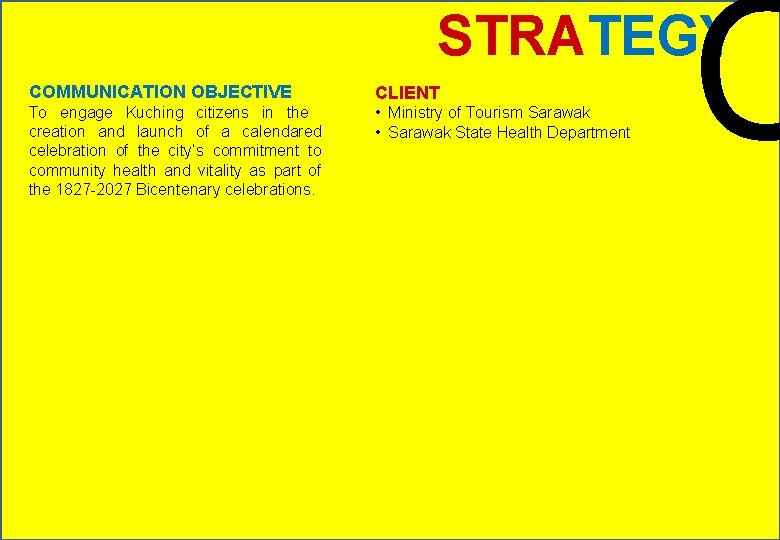 C STRATEGY COMMUNICATION OBJECTIVE CLIENT To engage Kuching citizens in the creation and launch