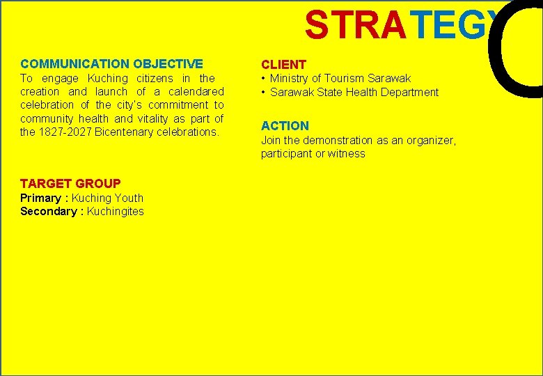 C STRATEGY COMMUNICATION OBJECTIVE CLIENT To engage Kuching citizens in the creation and launch
