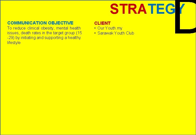 D STRATEGY COMMUNICATION OBJECTIVE CLIENT To reduce clinical obesity, mental health issues, death rates