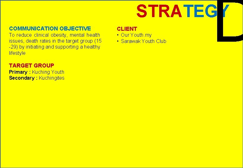 D STRATEGY COMMUNICATION OBJECTIVE CLIENT To reduce clinical obesity, mental health issues, death rates