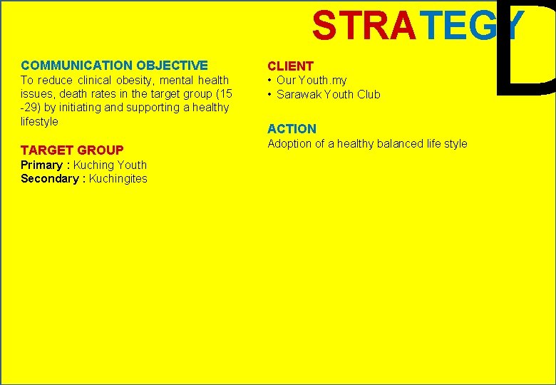 D STRATEGY COMMUNICATION OBJECTIVE CLIENT To reduce clinical obesity, mental health issues, death rates