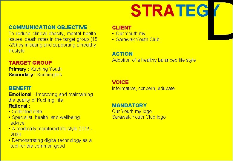 D STRATEGY COMMUNICATION OBJECTIVE CLIENT To reduce clinical obesity, mental health issues, death rates