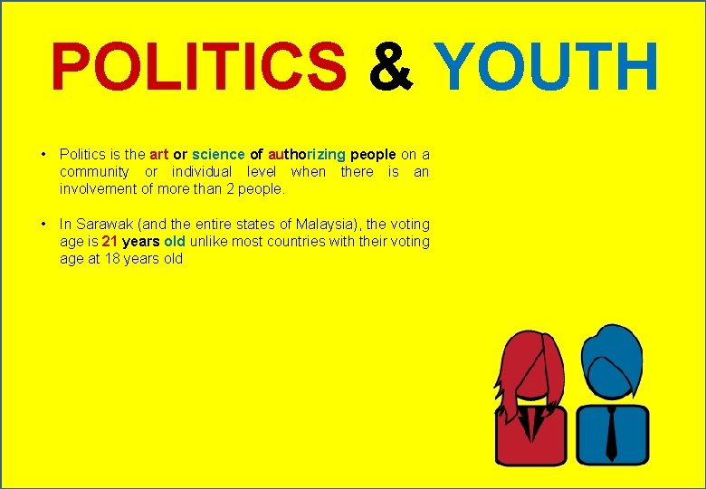 POLITICS & YOUTH • Politics is the art or science of authorizing people on