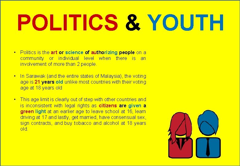 POLITICS & YOUTH • Politics is the art or science of authorizing people on