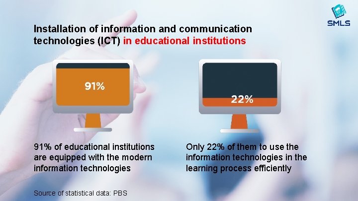 Installation of information and communication technologies (ICT) in educational institutions 91% of educational institutions