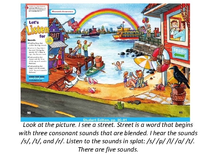 Look at the picture. I see a street. Street is a word that begins