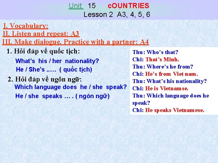 Unit 15 c. OUNTRIES Lesson 2 A 3, 4, 5, 6 I. Vocabulary: II.