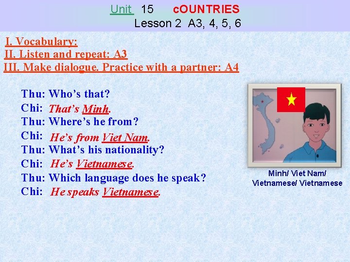 Unit 15 c. OUNTRIES Lesson 2 A 3, 4, 5, 6 I. Vocabulary: II.