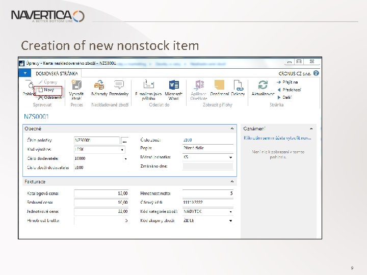 Creation of new nonstock item 9 