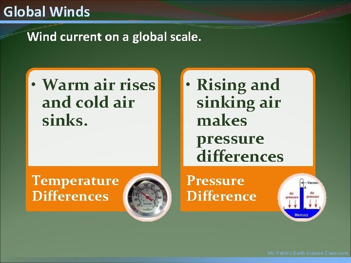 Global Winds Wind current on a global scale. • Warm air rises and cold